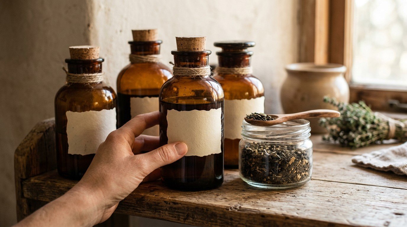 Amber glass bottles on a kitchen shelf, prompting questions about do brain supplements work as promised by labels.