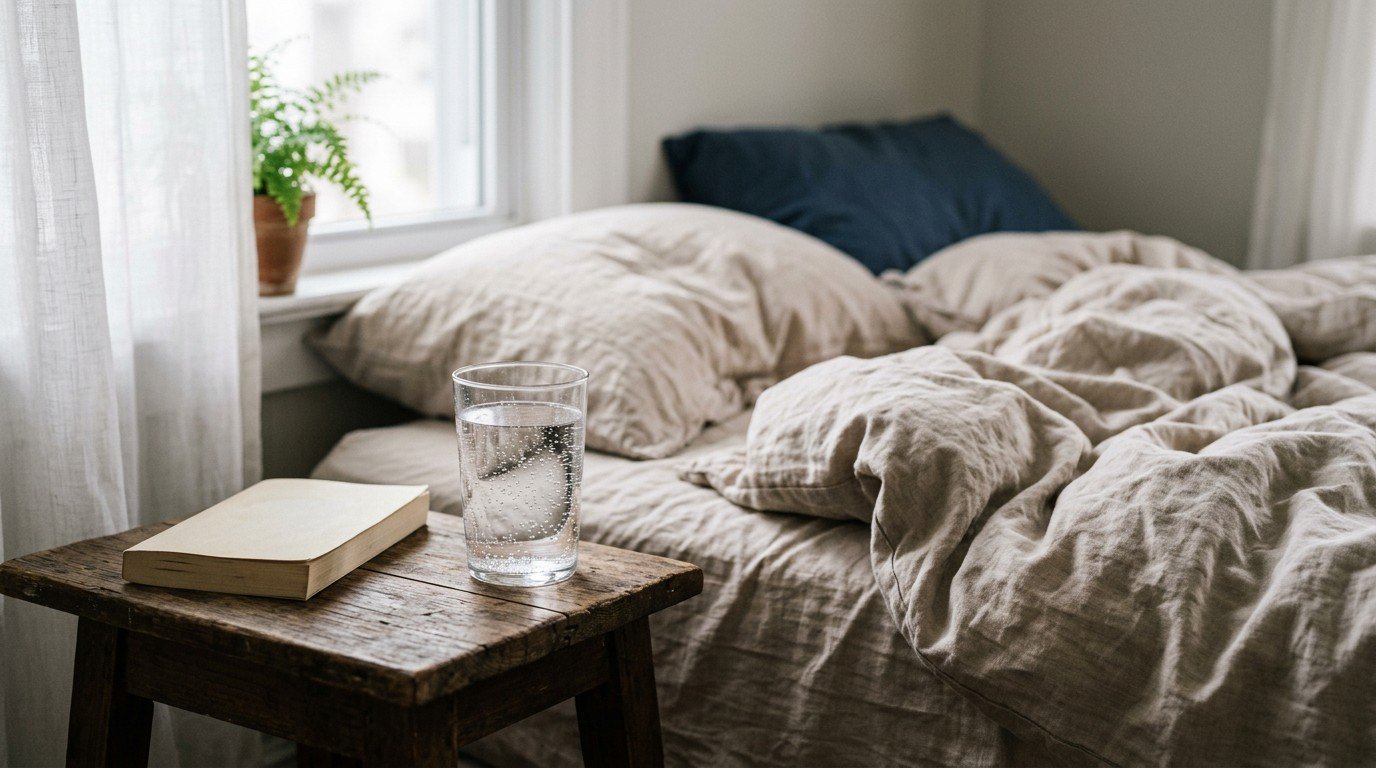 Unmade bed and water glass after short nights, when people ask how long can brain fog last