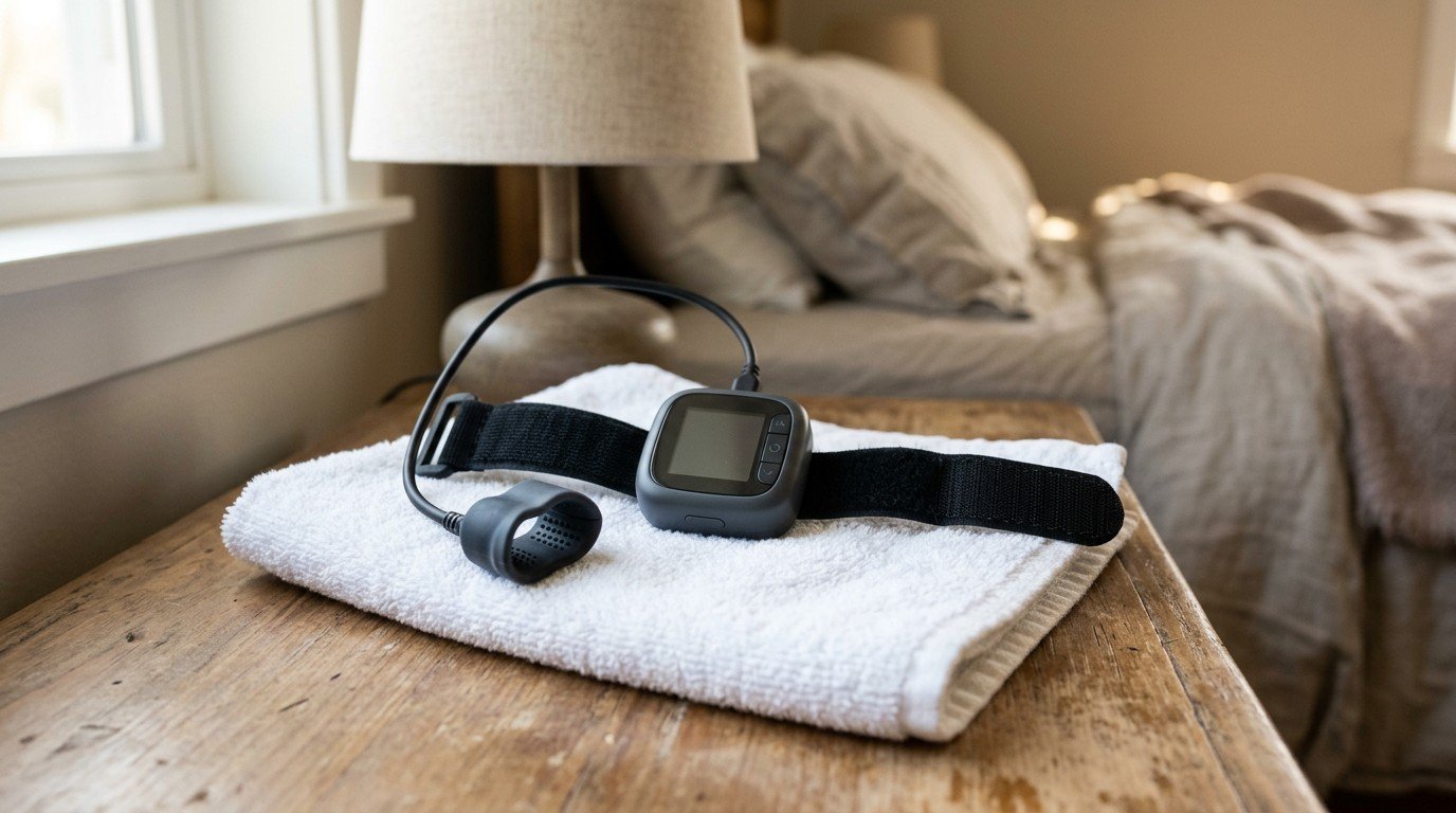 Home sleep test device with a finger sensor on a bedside table, the first step when brain fog from lack of sleep comes with snoring.