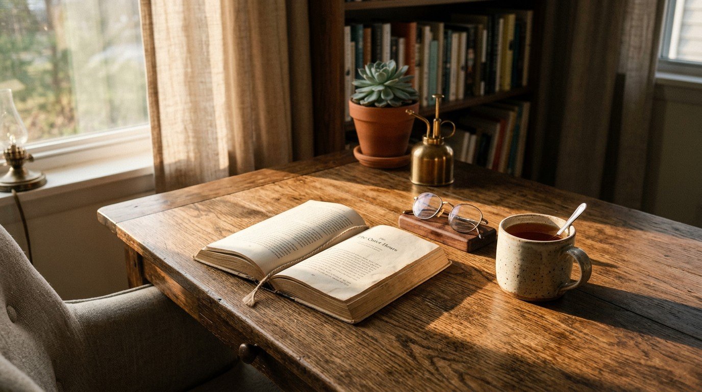 Home desk in late afternoon light with a book open face down, the point in the day when brain fog symptoms usually build.