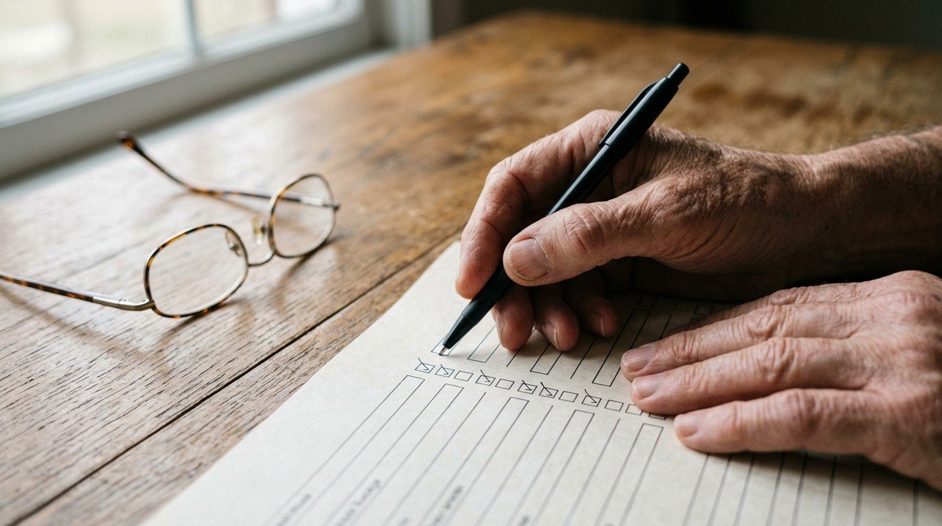 A person with rheumatoid arthritis brain fog completes a cognitive assessment form on a wooden desk.