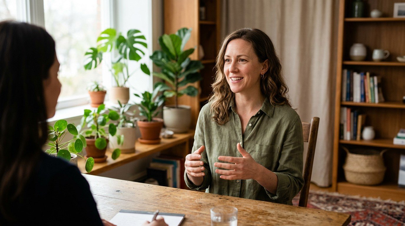 A woman consults with a doctor about her symptoms during a brain fog period.