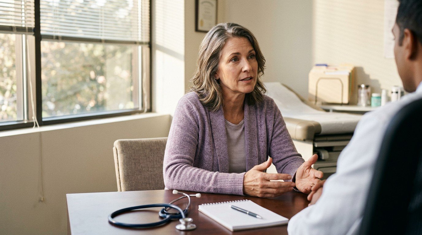 A woman discusses symptoms of rheumatoid arthritis brain fog with her doctor in a clinic.