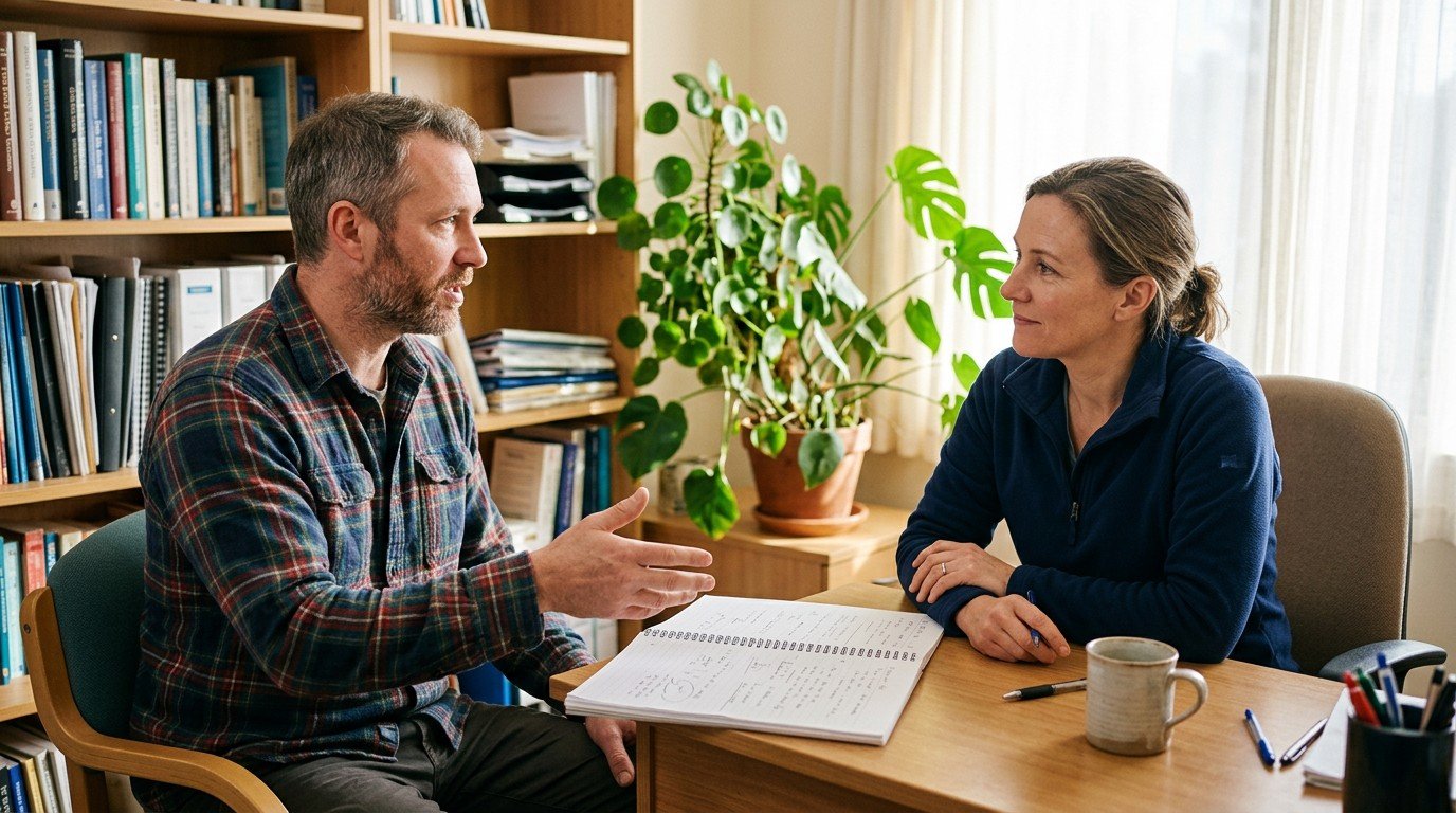 A patient discussing his symptoms of brain fog and blurred vision with his doctor during an appointment.