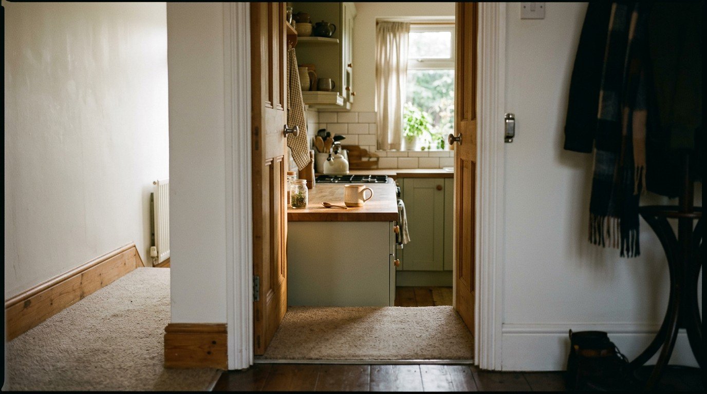 Empty kitchen doorway in soft morning light, the room a fuzzy head walks into and forgets why