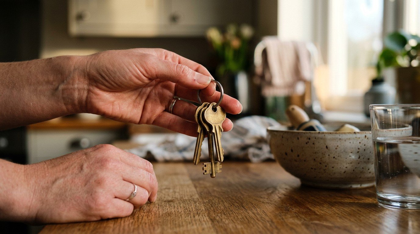 Hands hesitating with house keys over a kitchen counter, a small everyday lapse tied to anxiety and brain fog