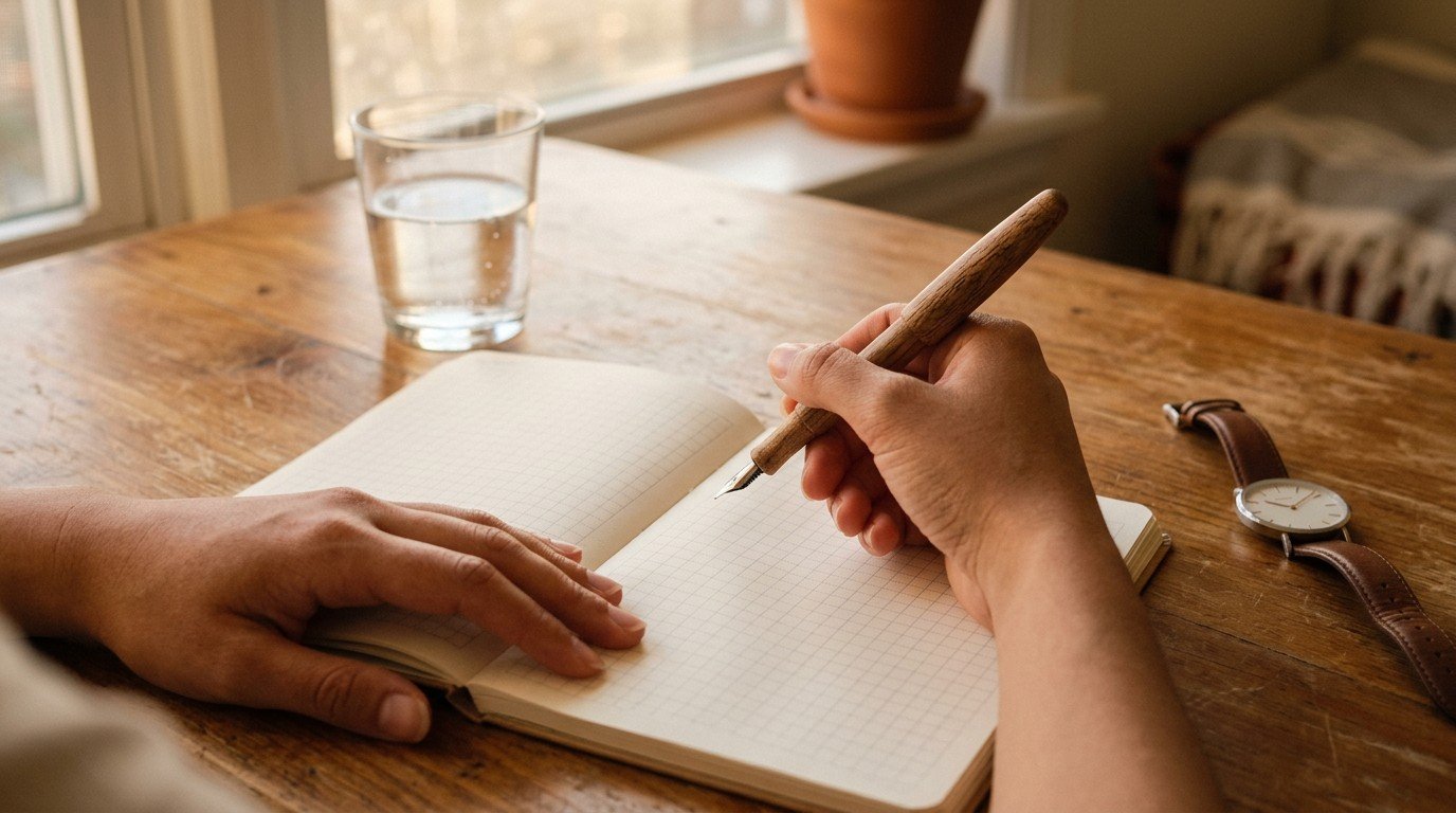 Hands holding a pen over a calendar planner during a brain fog period.