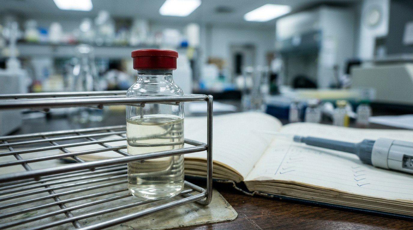 A laboratory blood sample vial in a rack, representing testing for b12 deficiency brain fog.