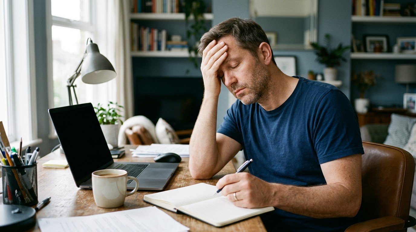 A man at his desk rubbing his forehead, the fatigue people report with celiac disease and brain fog.