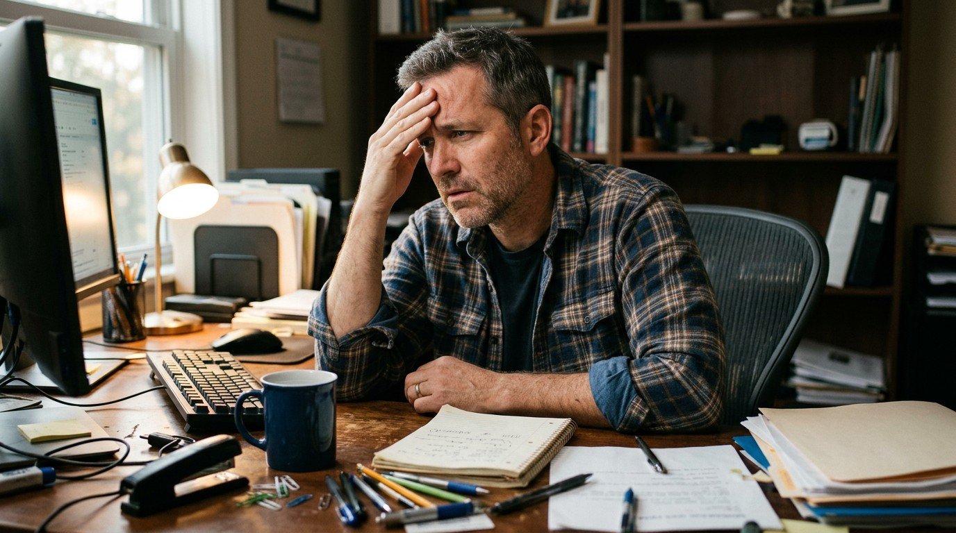 Man at a desk rubbing his forehead, asking whether dehydration is behind his brain fog