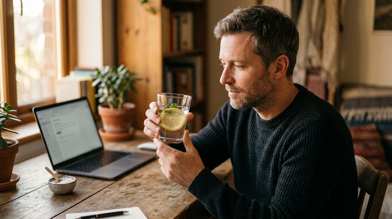 Man at a home desk holding a glass of water beside a bowl of salt, keto brain fog claim