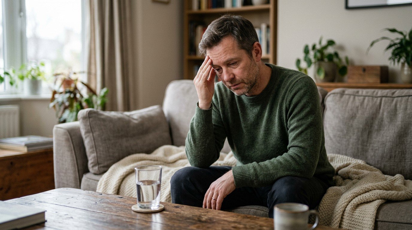 Man rubbing his temple on a sofa, the headache and brain fog of caffeine withdrawal