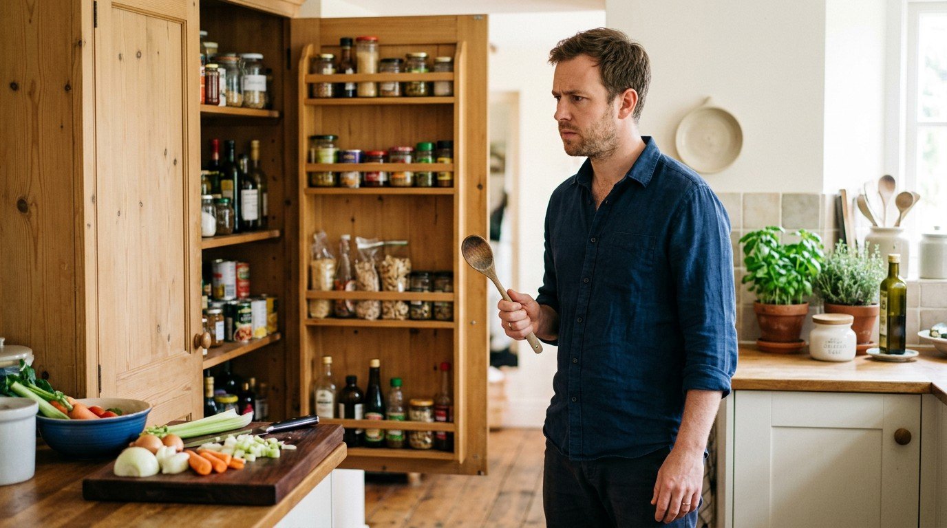 A man pauses in his kitchen, experiencing adhd brain fog while trying to cook dinner.