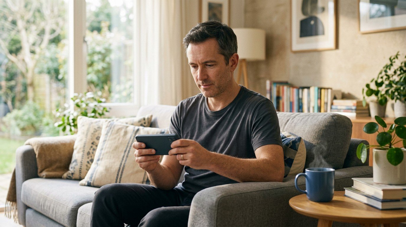 A man sits on a sofa reading his phone calmly instead of asking do brain supplements work.