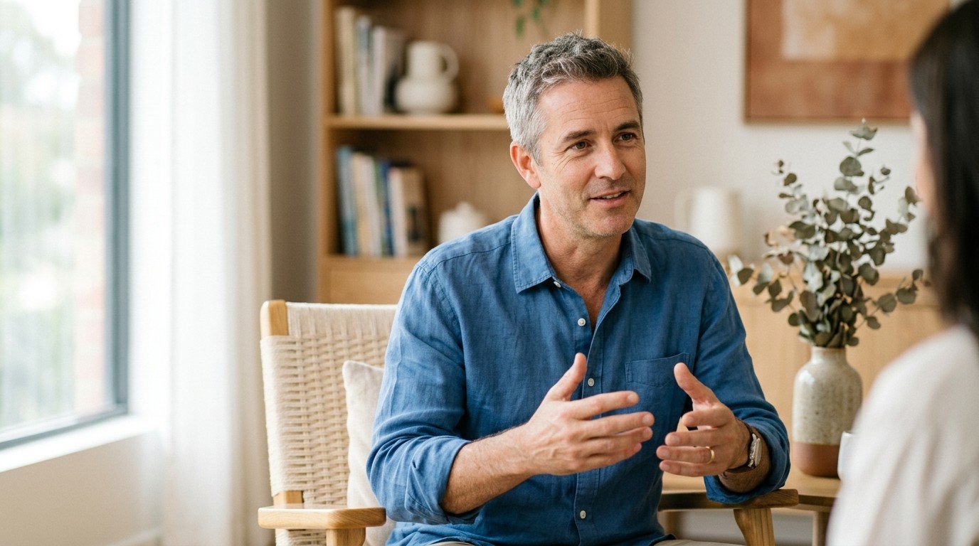 Man in a blue shirt talking with a clinician about whether anxiety could be behind his brain fog