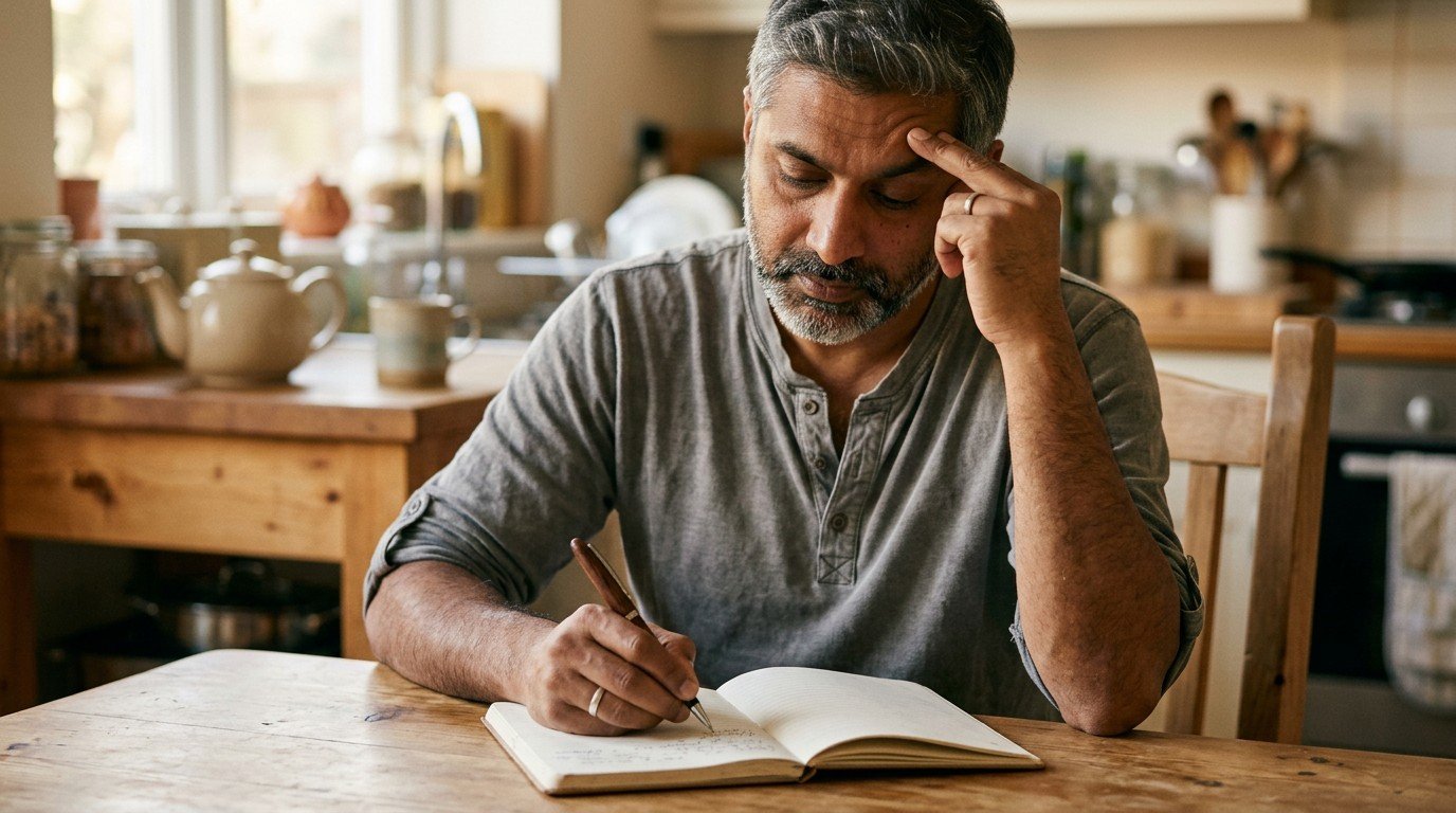A man writing down symptoms in a notebook when my head feels heavy and foggy.