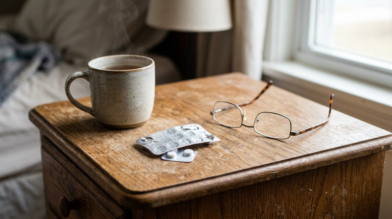A painkiller blister pack on a bedside table beside tea and glasses, a brain fog headache detail.