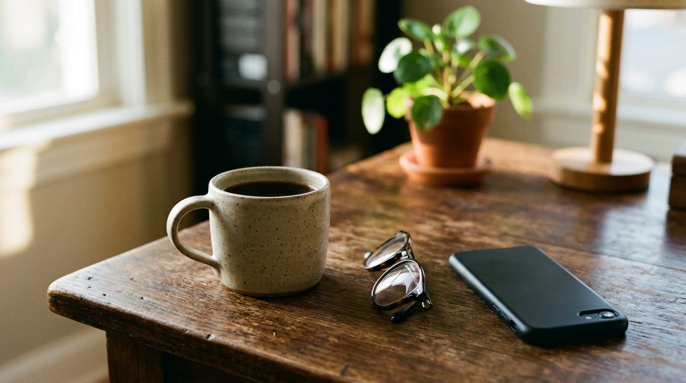 Half finished coffee beside folded glasses on a desk, a reminder that too much caffeine can cause brain fog