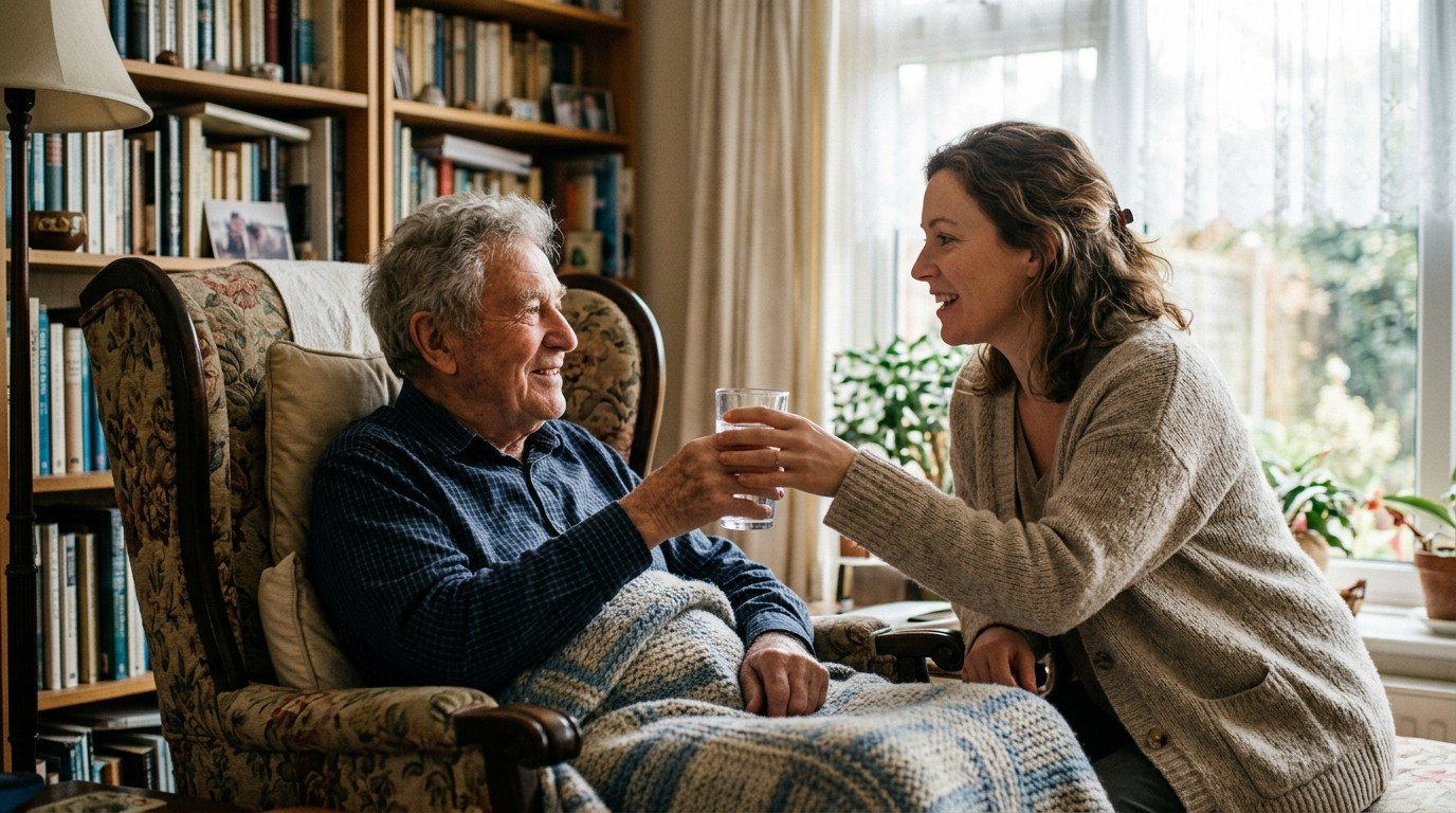 Younger relative passing an older man a glass of water, where thirst is a weaker signal