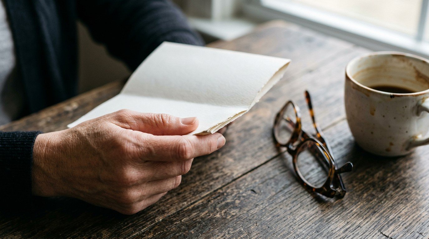 Close up of a hand holding a folded paper beside reading glasses, a quiet moment of perimenopause brain fog doubt.