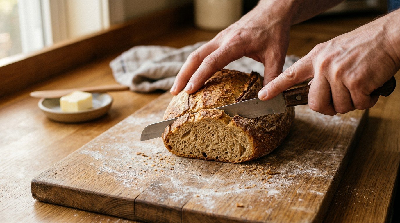 Hands slicing a wheat loaf, the gluten that testing for celiac disease and brain fog requires.