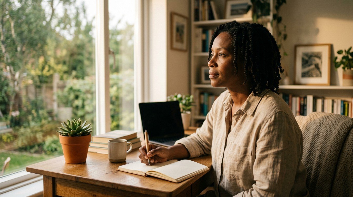 A woman sits at her desk preparing a symptom diary to manage perimenopause brain fog.