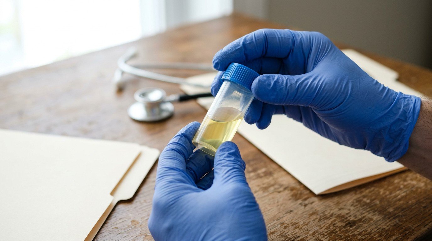 A close-up of a urine sample being handled during diagnosis of uti brain fog.