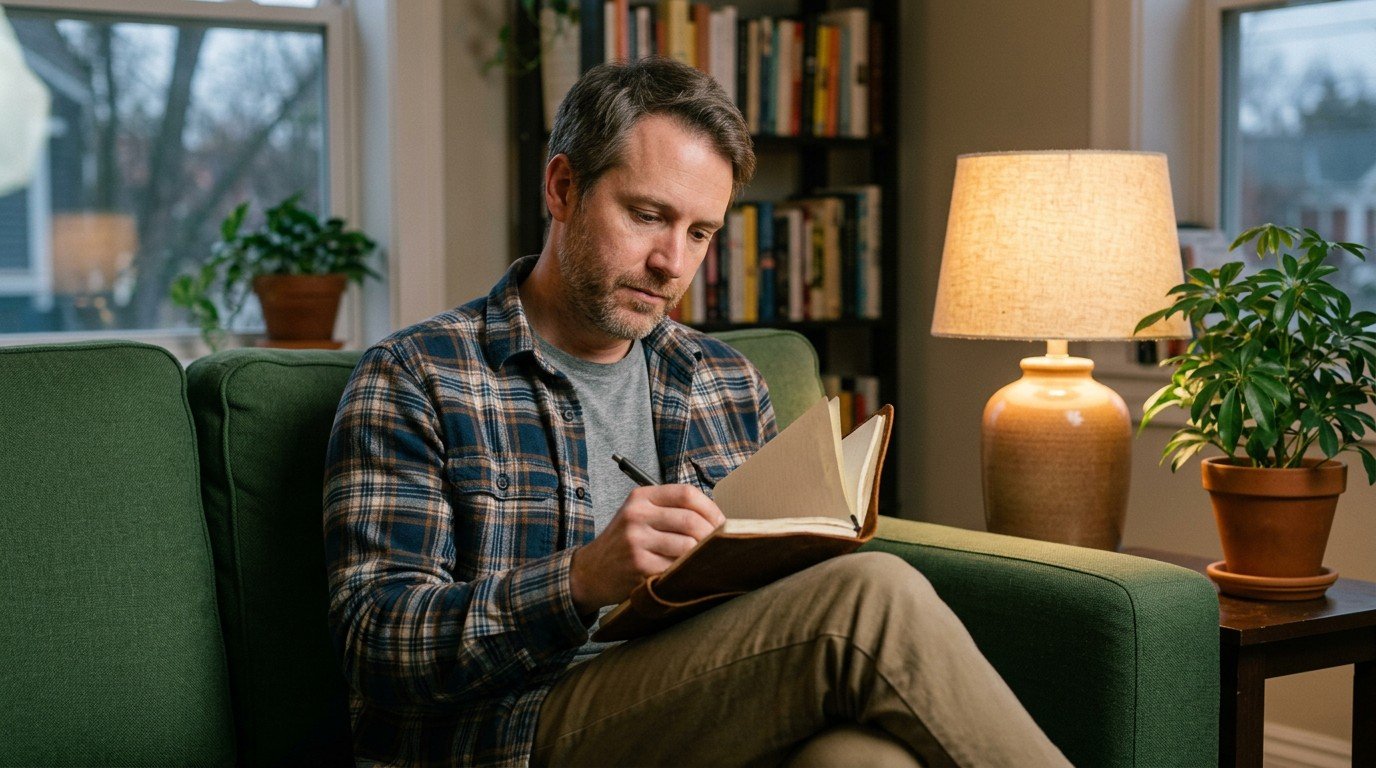 A man writing down symptoms of his brain fog headache to prepare for a doctor visit.