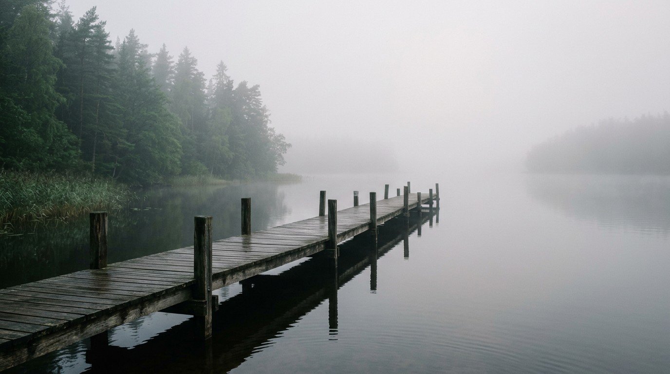 Morning fog over a still lake with a wooden jetty fading into the mist, the metaphor behind what brain fog means.