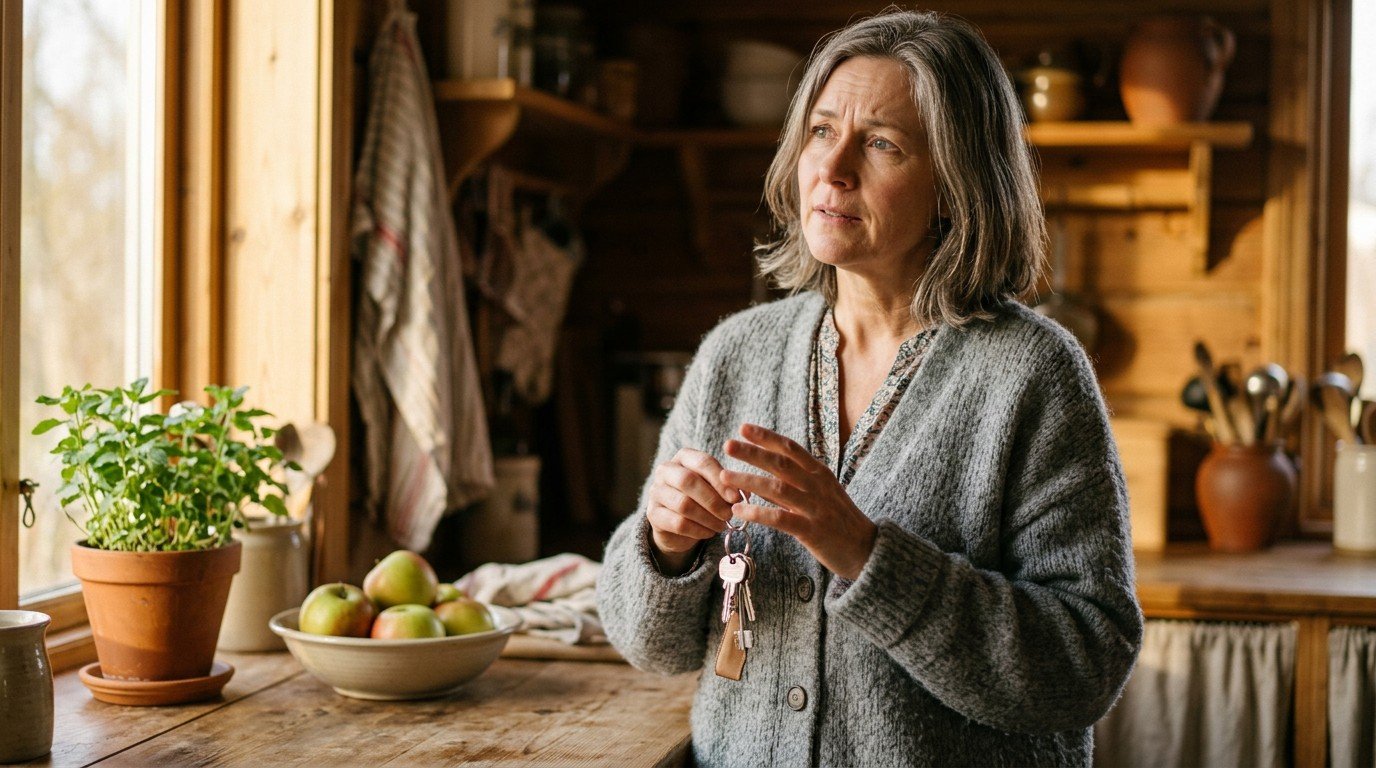 Woman paused mid task in her kitchen holding keys, wondering how long can brain fog last