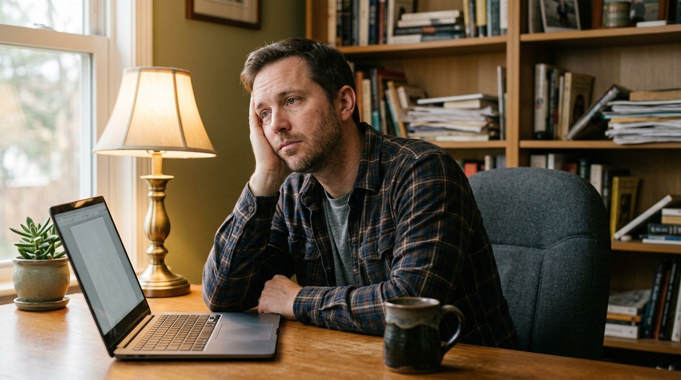 A working-age man experiencing cognitive fatigue and uti brain fog while trying to read a document.