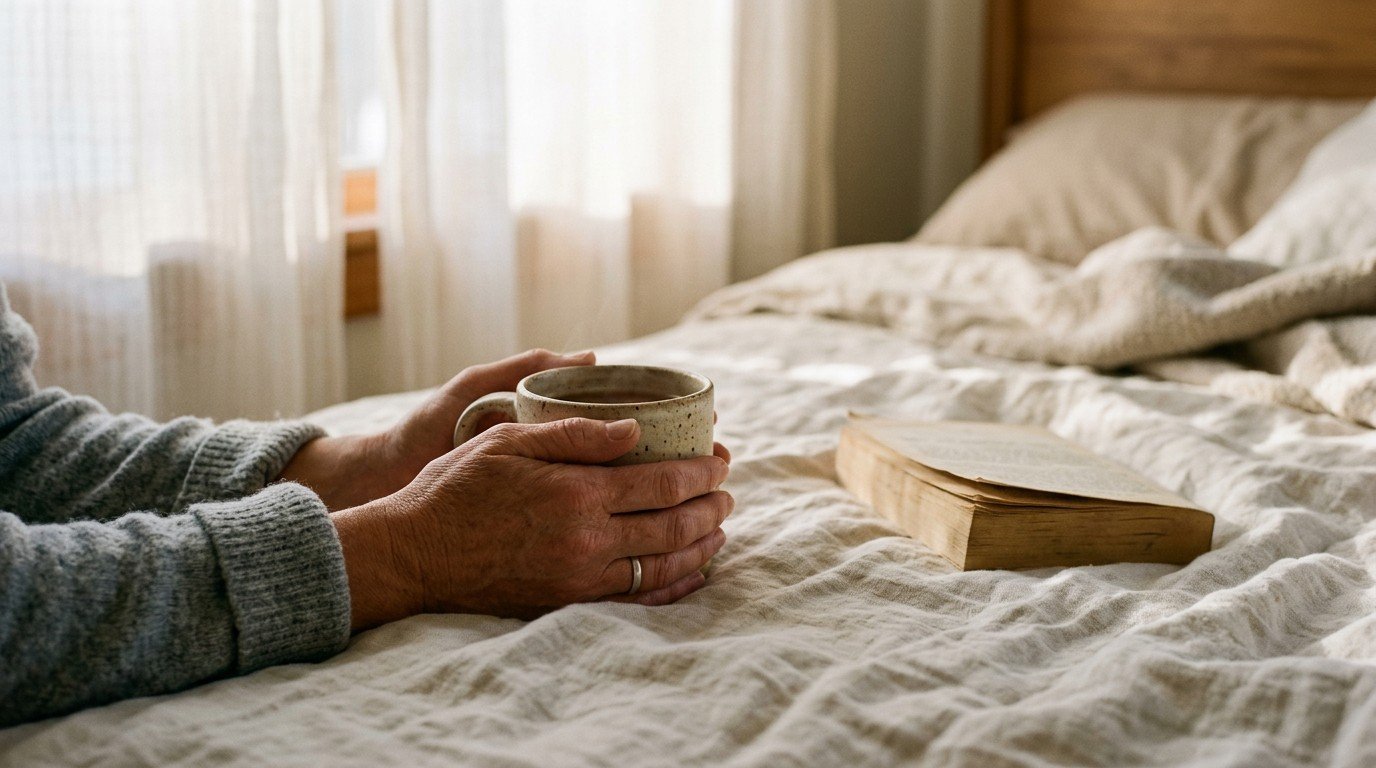 A close up of hands holding a mug on a bed, illustrating anxiety fatigue and sleep loss.
