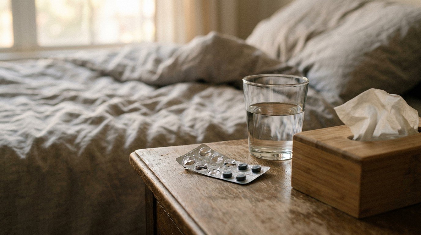 A bedside table with a tissue box and medicine pack, illustrating the link between allergies and brain fog.