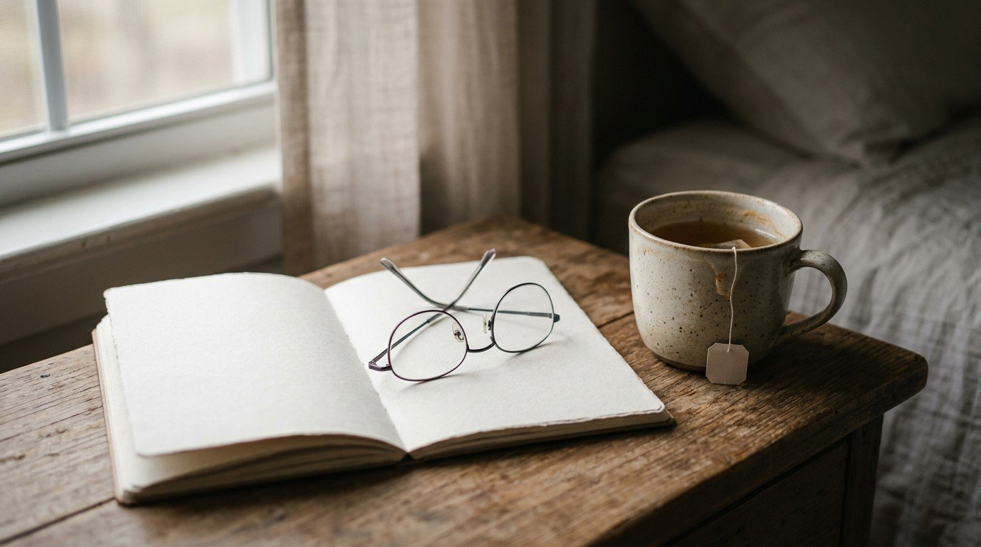 An open blank notebook and cold tea cup, representing the mental blocks of nervous exhaustion.