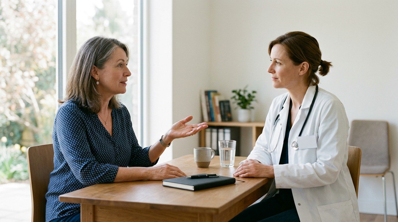 Woman in her fifties talking with a GP across a desk about brain fog causes