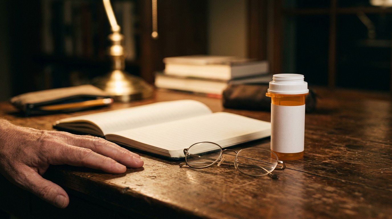 Reading glasses and a blank pill bottle on a desk, representing the search for zoloft brain fog information.