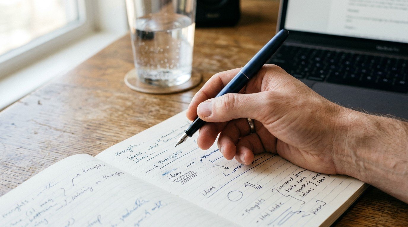 A hand hesitating over a notebook on a desk during a bout of alcohol brain fog.