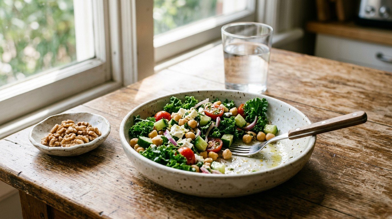 Salad, walnuts and water on a kitchen table, typical of foods that help with brain fog lists.