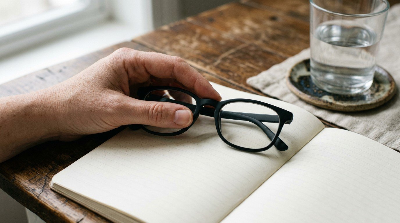 A close-up of eyeglasses resting on a journal, symbolizing the struggle of a depression foggy head.