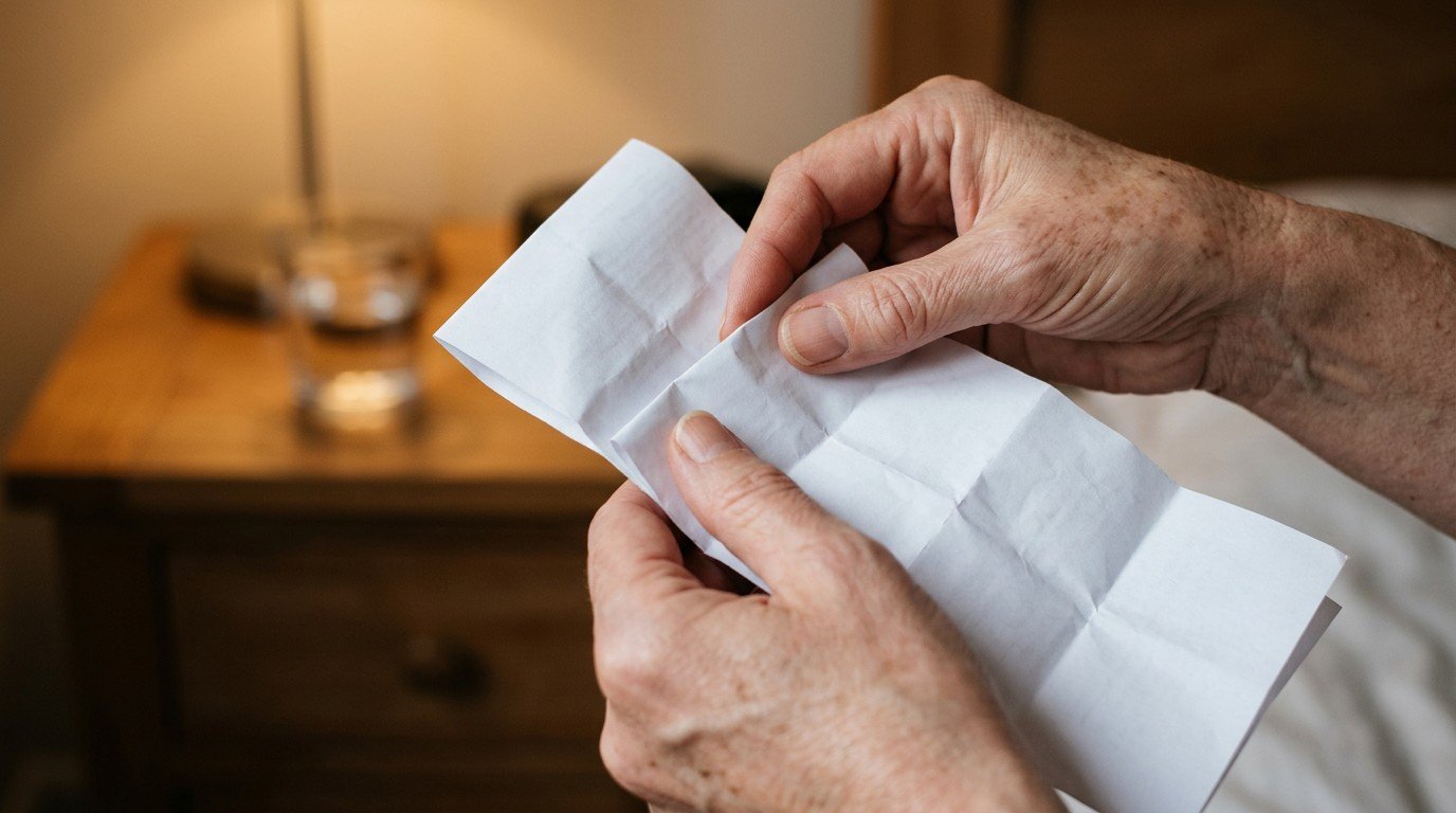 Hands unfolding a paper medication leaflet, highlighting questions about wellbutrin brain fog side effects.