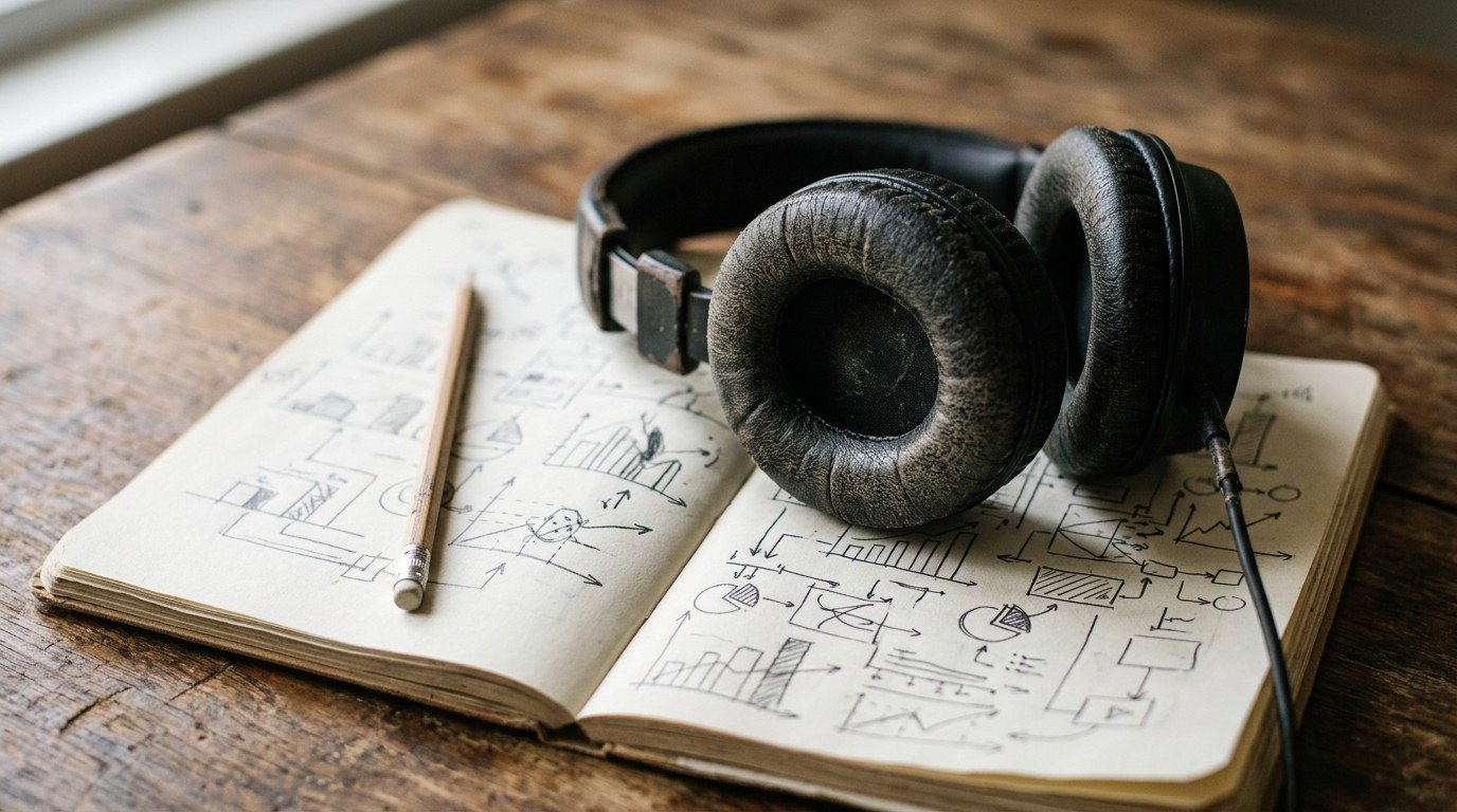 Headphones resting on a notebook of sketched charts, standing in for the binaural beats concentration studies.