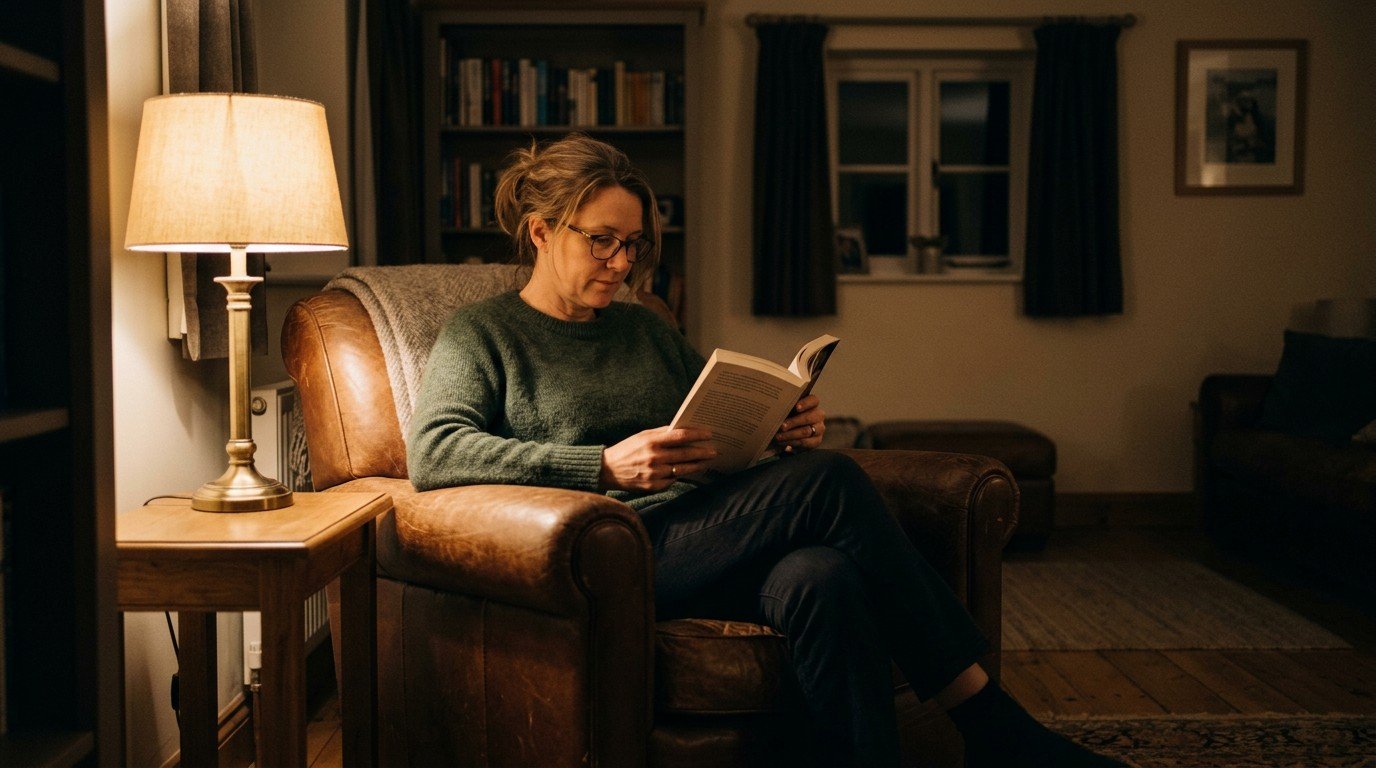 Adult reading quietly in a dim armchair at night instead of lying awake, part of getting rid of brain fog