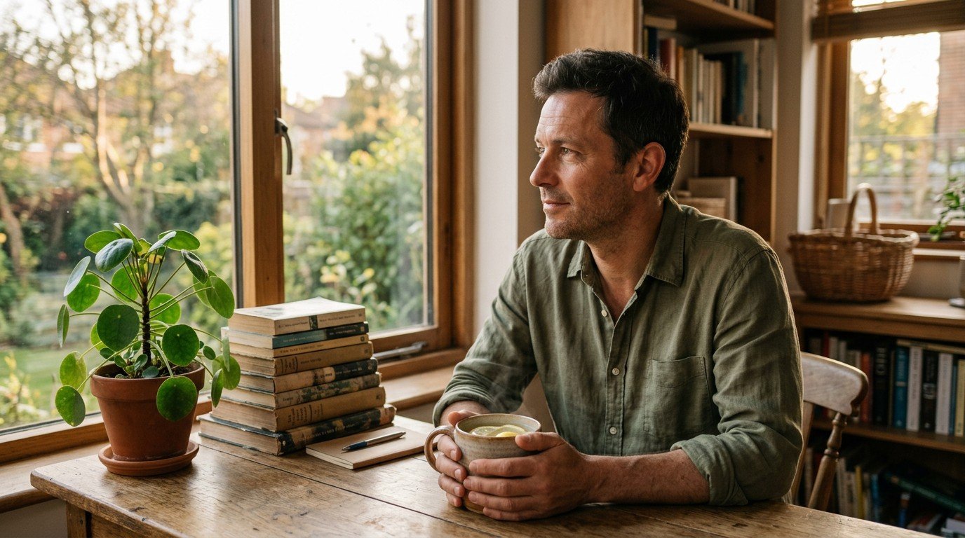 A man holds a warm mug by a window, thinking about drinks and foods that help with brain fog.
