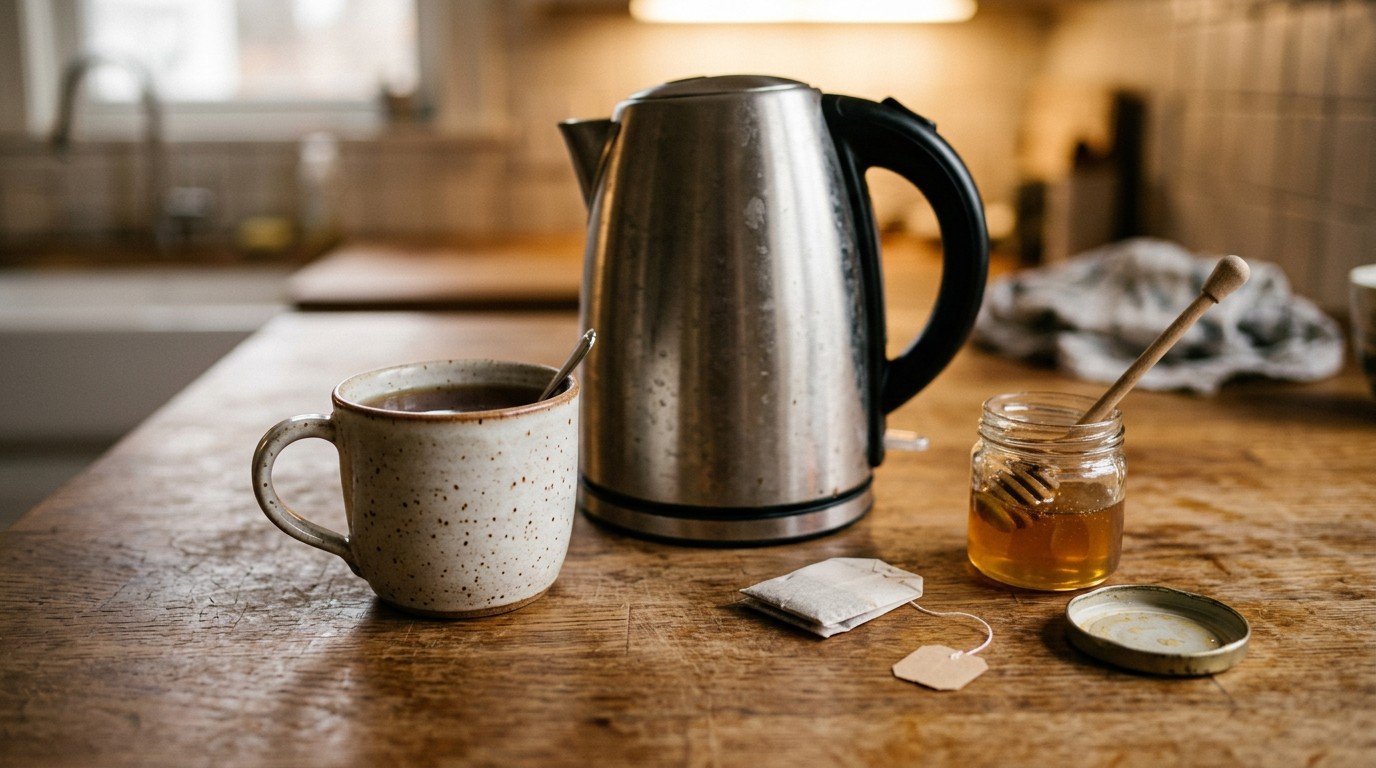 A forgotten tea bag on a kitchen counter illustrates a moment of ms brain fog.