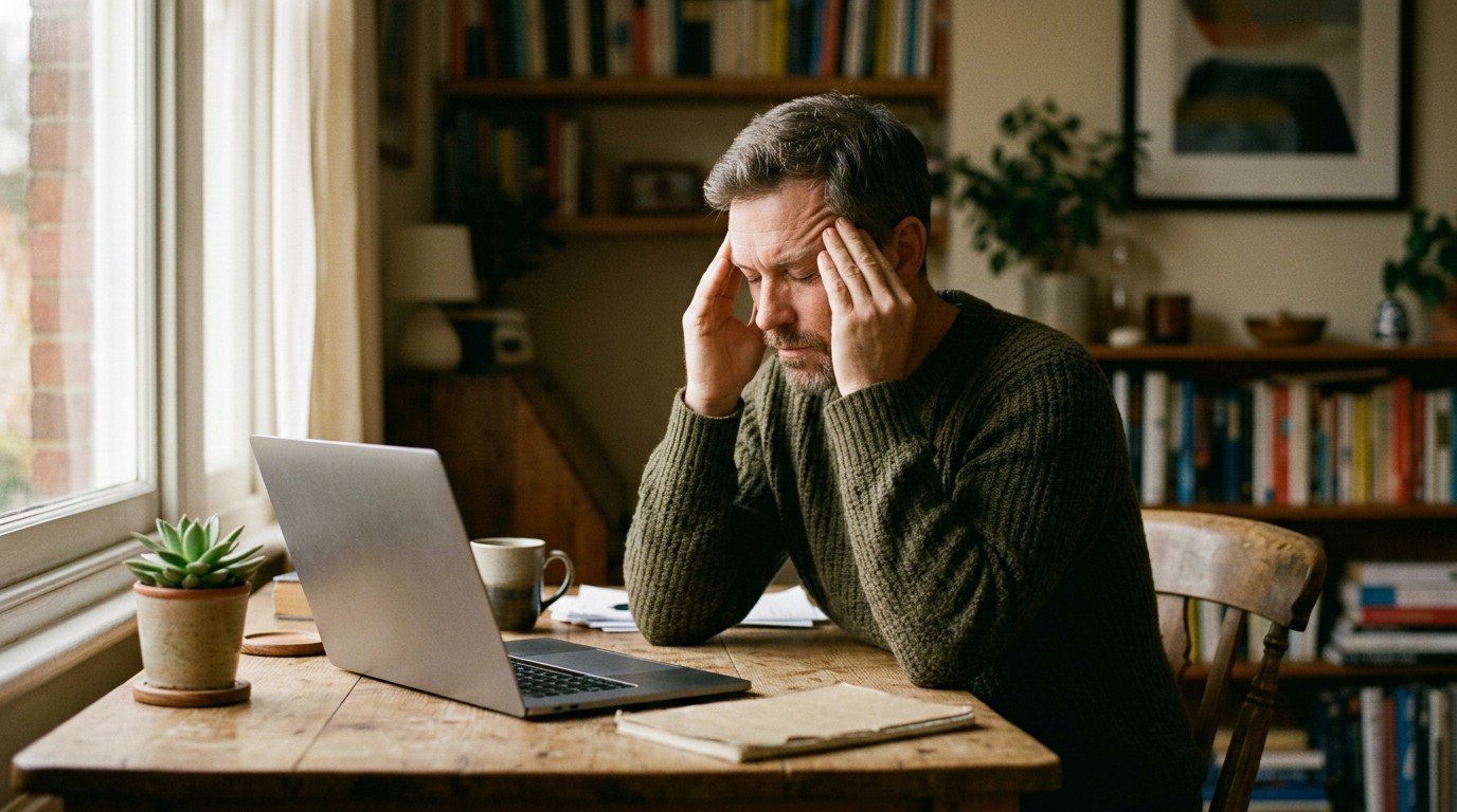 A man resting his head in his hands at a desk, struggling with nervous exhaustion.
