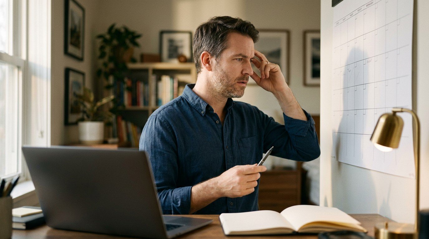 A man looks at a calendar, trying to organize his schedule despite a depression foggy head.