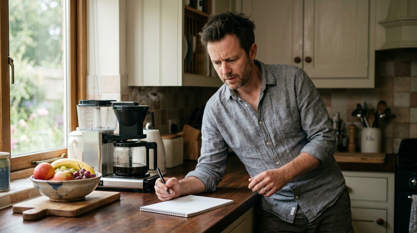 A man writes a list at his kitchen counter, showing the extra effort of anxiety fatigue.