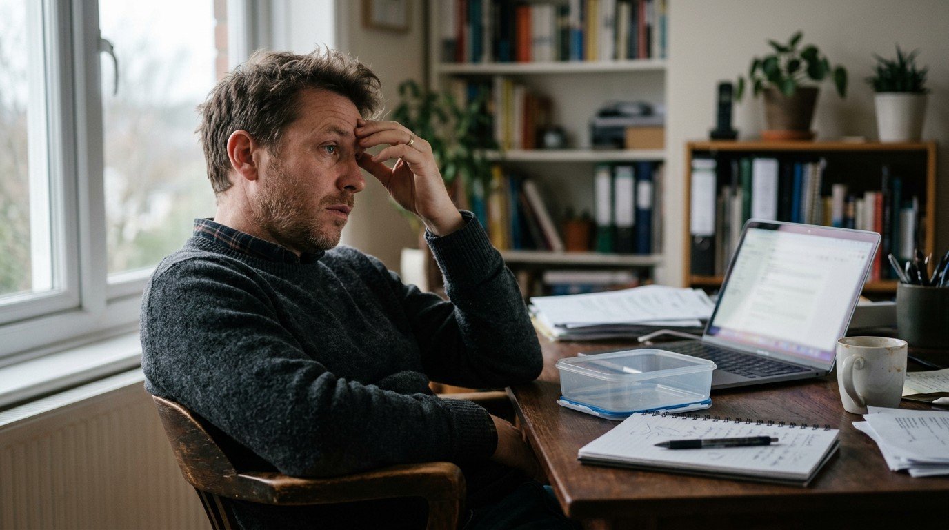 A man in a home office rubs his temple while experiencing brain fog after eating.