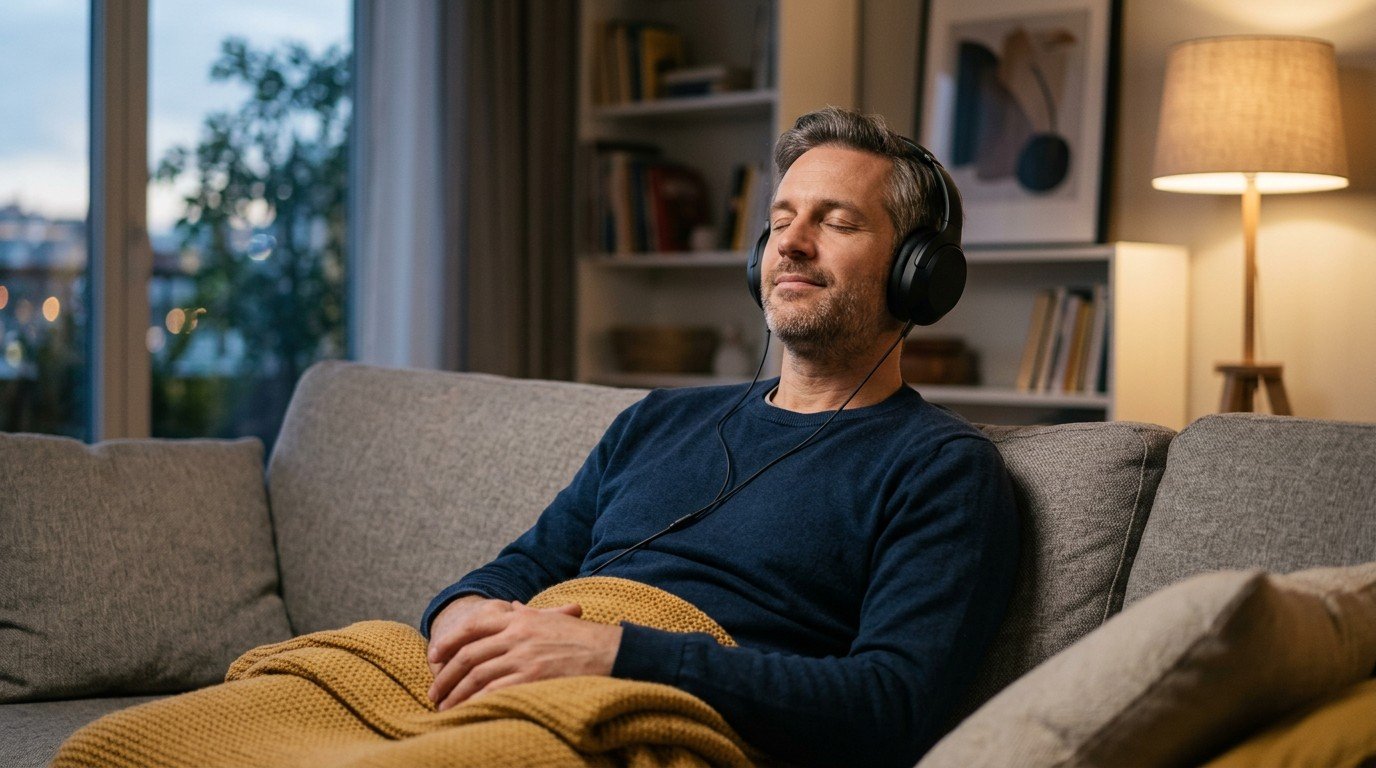 A man with eyes closed on a sofa wearing headphones, listening to binaural beats concentration audio.