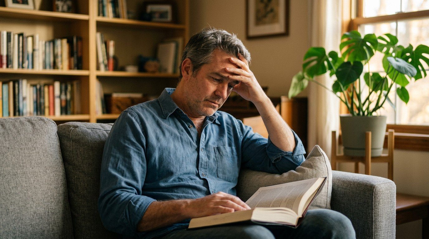 A man sitting on a sofa rubbing his forehead while experiencing alcohol brain fog.